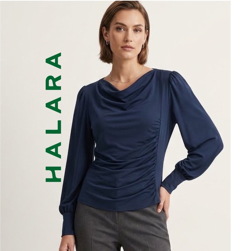 Halara Navy Blue Cowl Neck Ruched Side Long Puff Sleeve Top Sz L NWT Minimalist